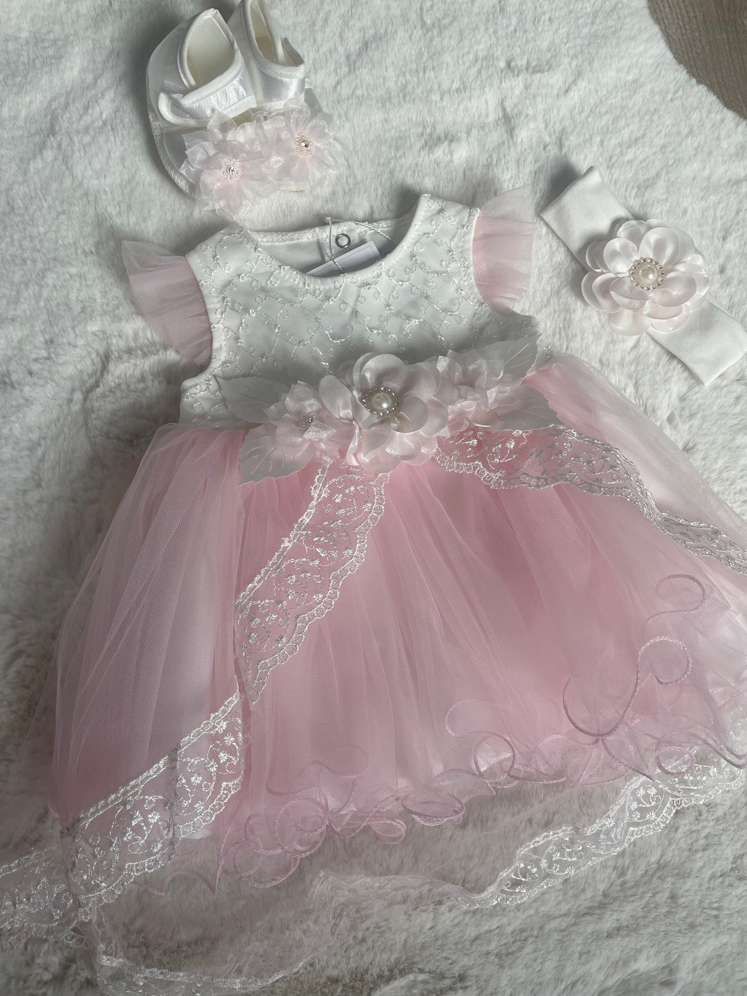 Ivory and pink floral tulle dress